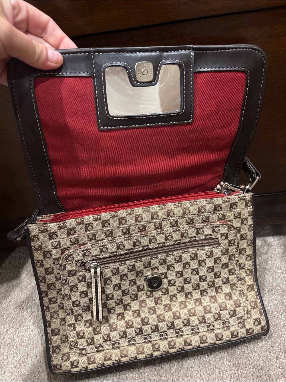 Vintage Liz Claiborne Monogram Shoulder Bag 90s Tan Brown Leather Red Purse Y2K - Picture 4 of 10